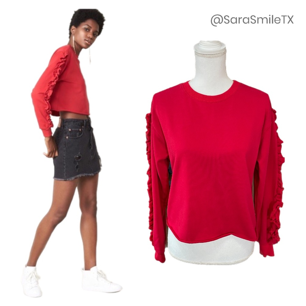 SOPRANO from NORDSTROM Red Ruffle Trim Cropped Crew Athleisure Sweatshirt